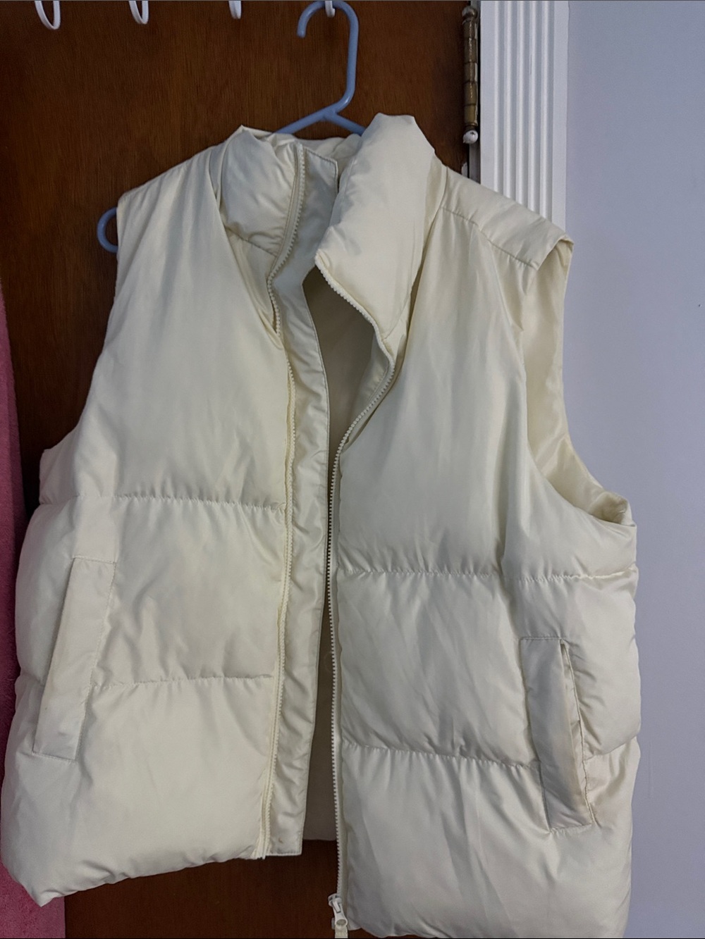 Lightweight Cream Puffer Vest with High Collar